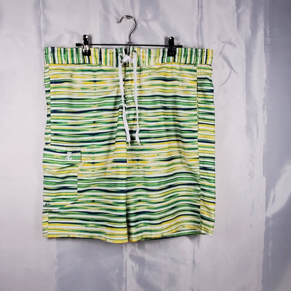 Izod Board Shorts Yellow Green Blue Stripe 3 Pockets Swim Trunks Mesh Men Sz M